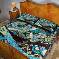Japanese Hawaiian Crane Quilt Bed Set Blue Tapa Patchwork Pattern