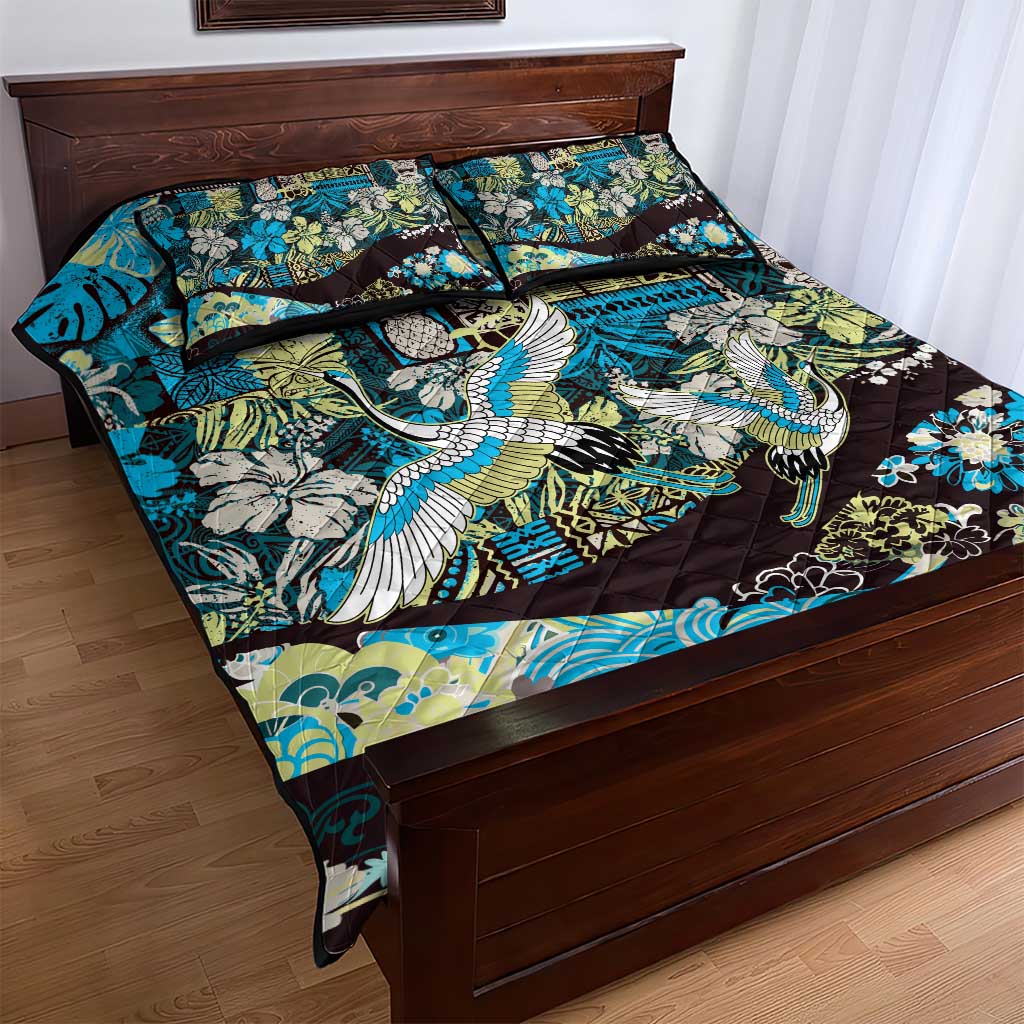 Japanese Hawaiian Crane Quilt Bed Set Blue Tapa Patchwork Pattern