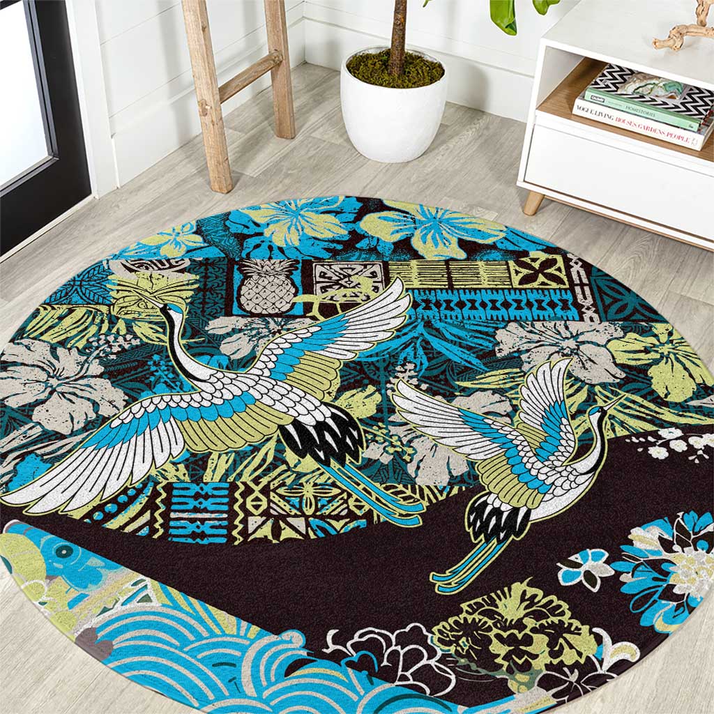 Japanese Hawaiian Crane Round Carpet Blue Tapa Patchwork Pattern
