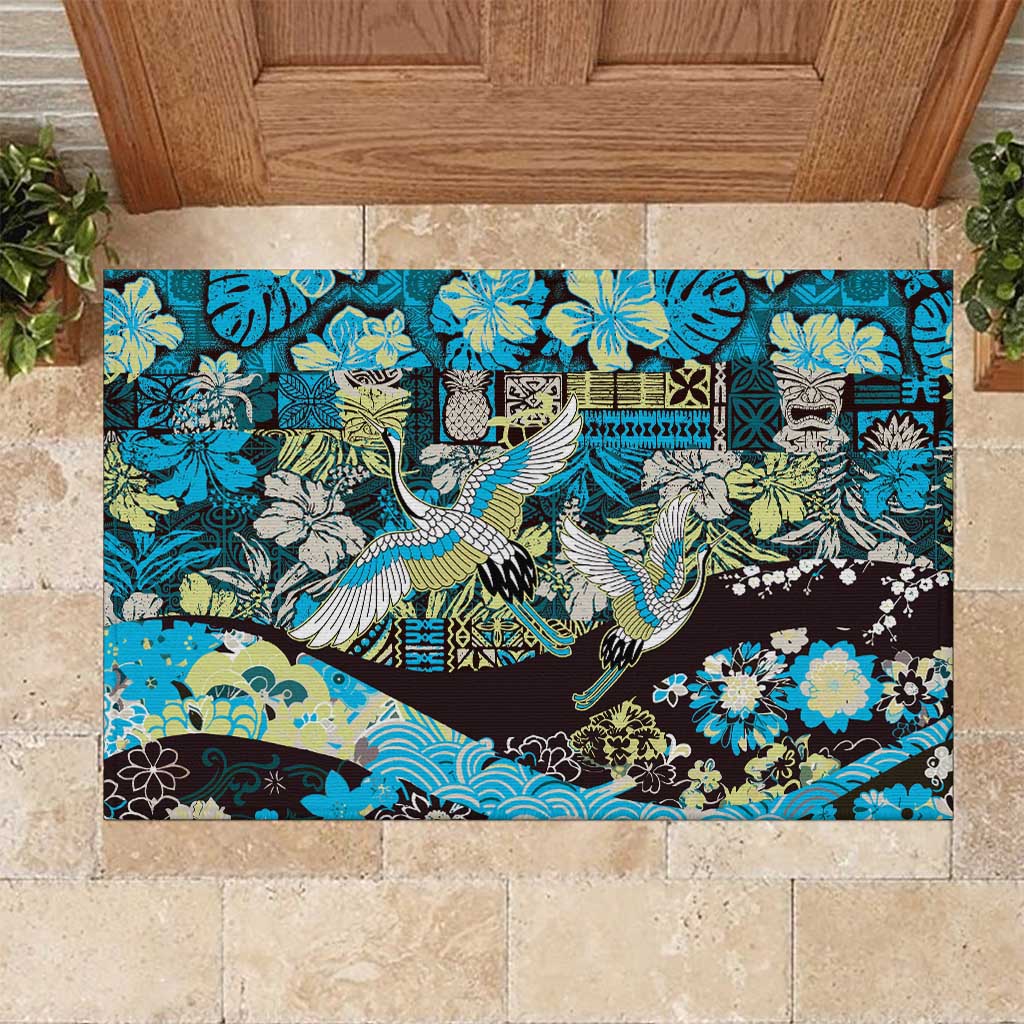 Japanese Hawaiian Crane Rubber Doormat Blue Tapa Patchwork Pattern