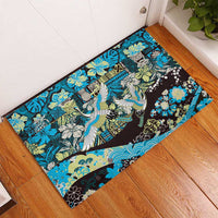 Japanese Hawaiian Crane Rubber Doormat Blue Tapa Patchwork Pattern