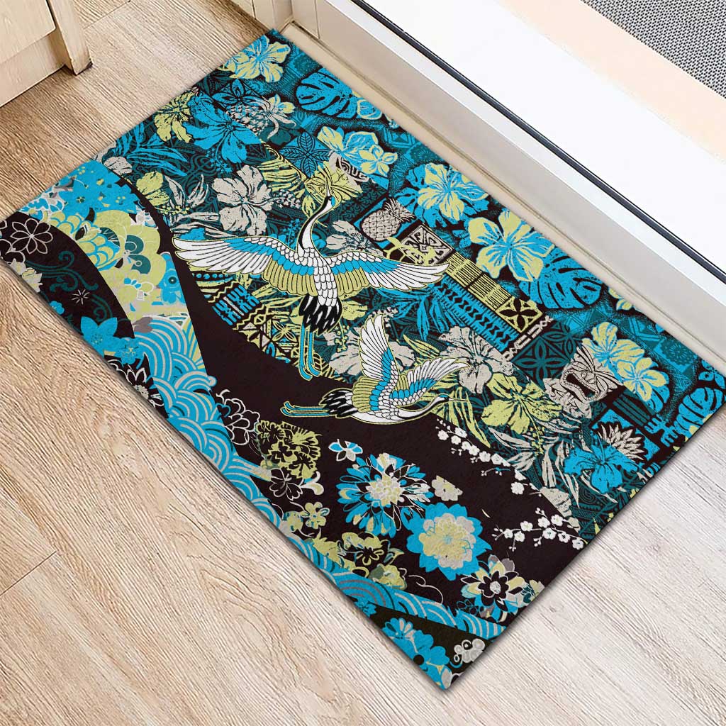 Japanese Hawaiian Crane Rubber Doormat Blue Tapa Patchwork Pattern
