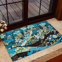 Japanese Hawaiian Crane Rubber Doormat Blue Tapa Patchwork Pattern