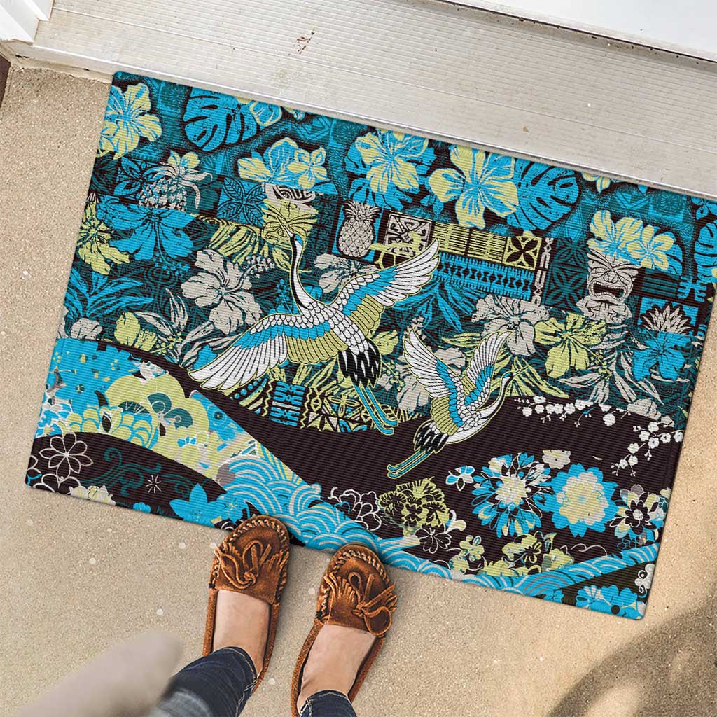 Japanese Hawaiian Crane Rubber Doormat Blue Tapa Patchwork Pattern
