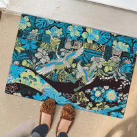 Japanese Hawaiian Crane Rubber Doormat Blue Tapa Patchwork Pattern