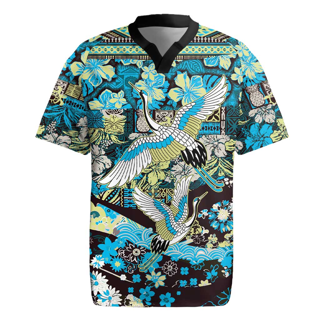 Japanese Hawaiian Crane Rugby Jersey Blue Tapa Patchwork Pattern LT9 Blue - Polynesian Pride