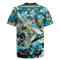 Japanese Hawaiian Crane Rugby Jersey Blue Tapa Patchwork Pattern LT9 - Polynesian Pride