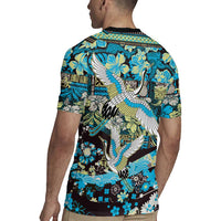 Japanese Hawaiian Crane Rugby Jersey Blue Tapa Patchwork Pattern LT9 - Polynesian Pride