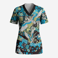 Japanese Hawaiian Crane Scrub Top Blue Tapa Patchwork Pattern