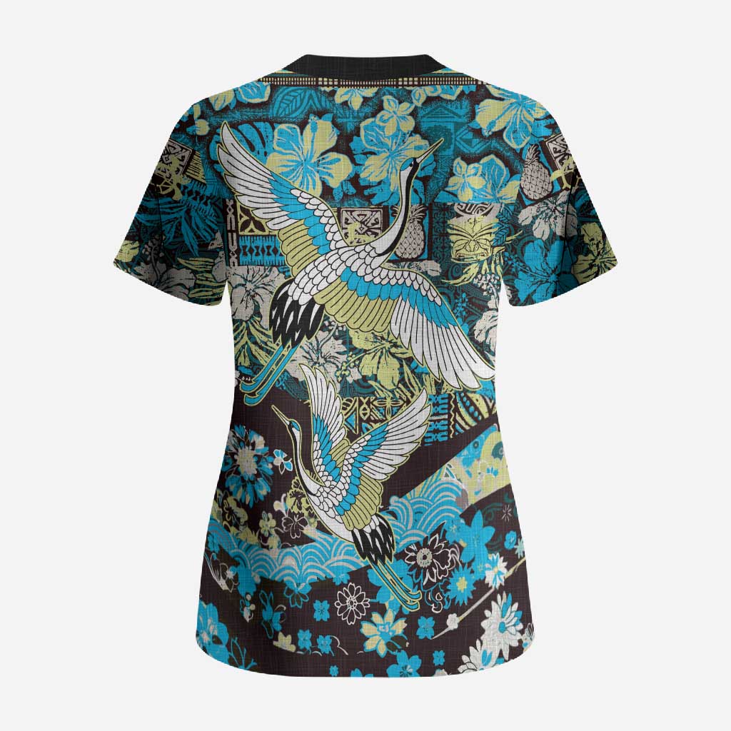 Japanese Hawaiian Crane Scrub Top Blue Tapa Patchwork Pattern