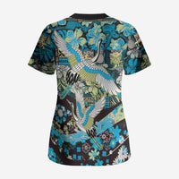 Japanese Hawaiian Crane Scrub Top Blue Tapa Patchwork Pattern