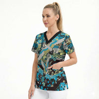 Japanese Hawaiian Crane Scrub Top Blue Tapa Patchwork Pattern