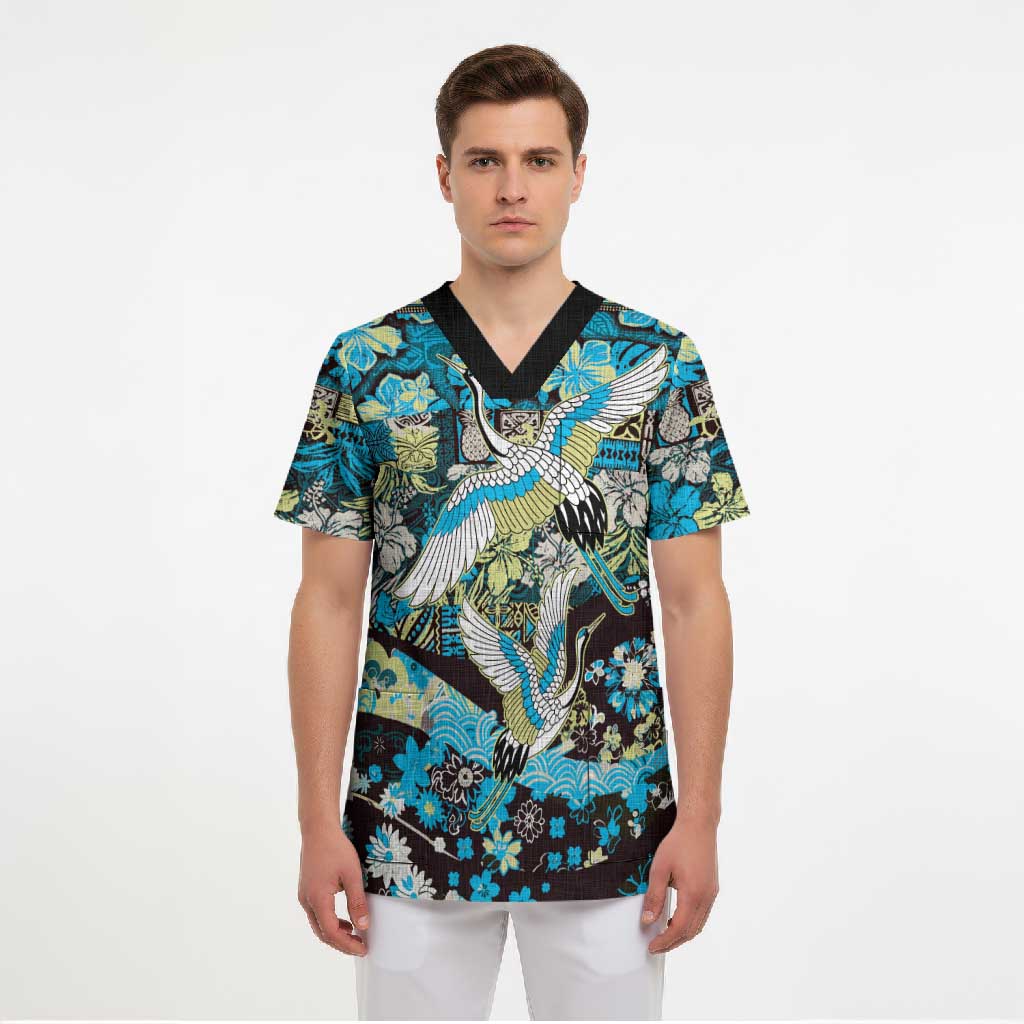 Japanese Hawaiian Crane Scrub Top Blue Tapa Patchwork Pattern
