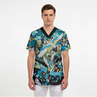 Japanese Hawaiian Crane Scrub Top Blue Tapa Patchwork Pattern