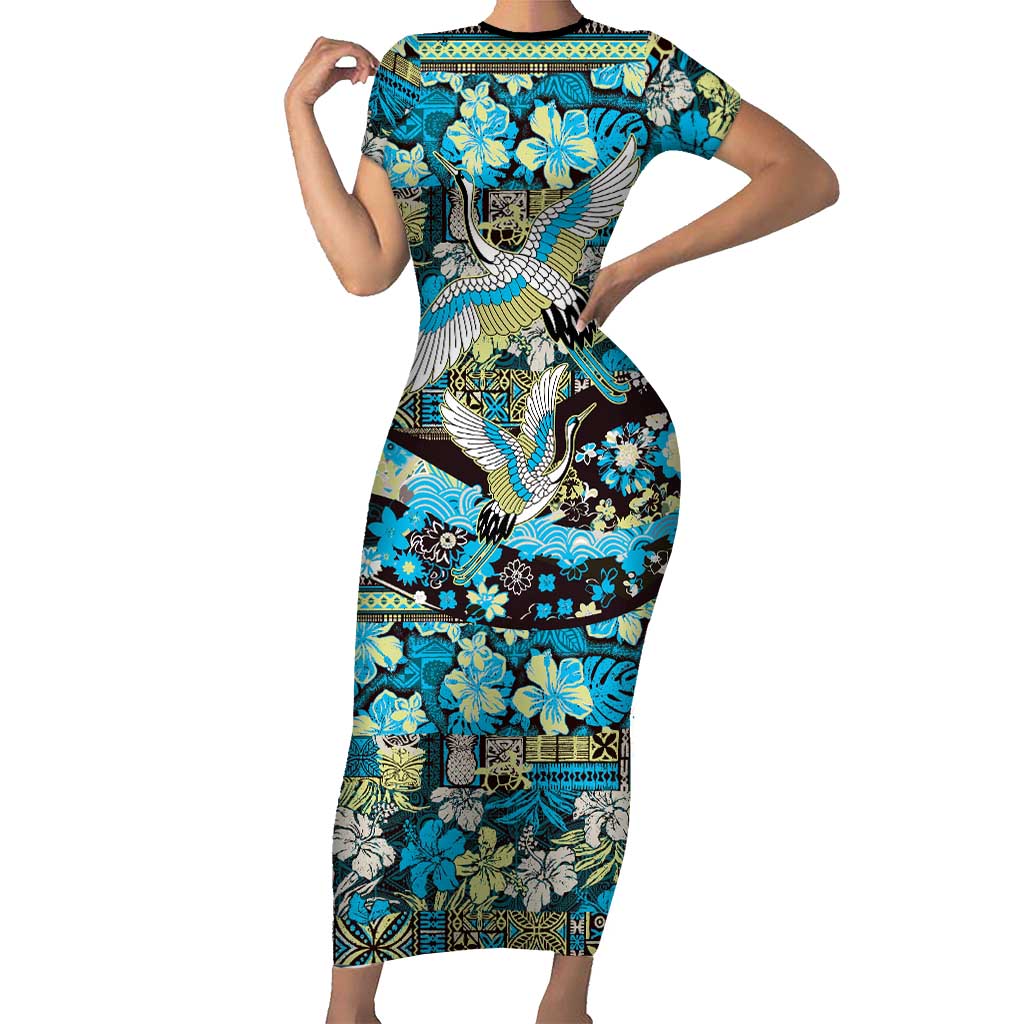 Japanese Hawaiian Crane Short Sleeve Bodycon Dress Blue Tapa Patchwork Pattern LT9 Long Dress Blue - Polynesian Pride