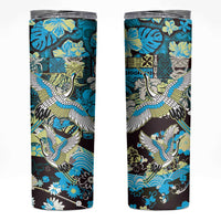 Japanese Hawaiian Crane Skinny Tumbler Blue Tapa Patchwork Pattern