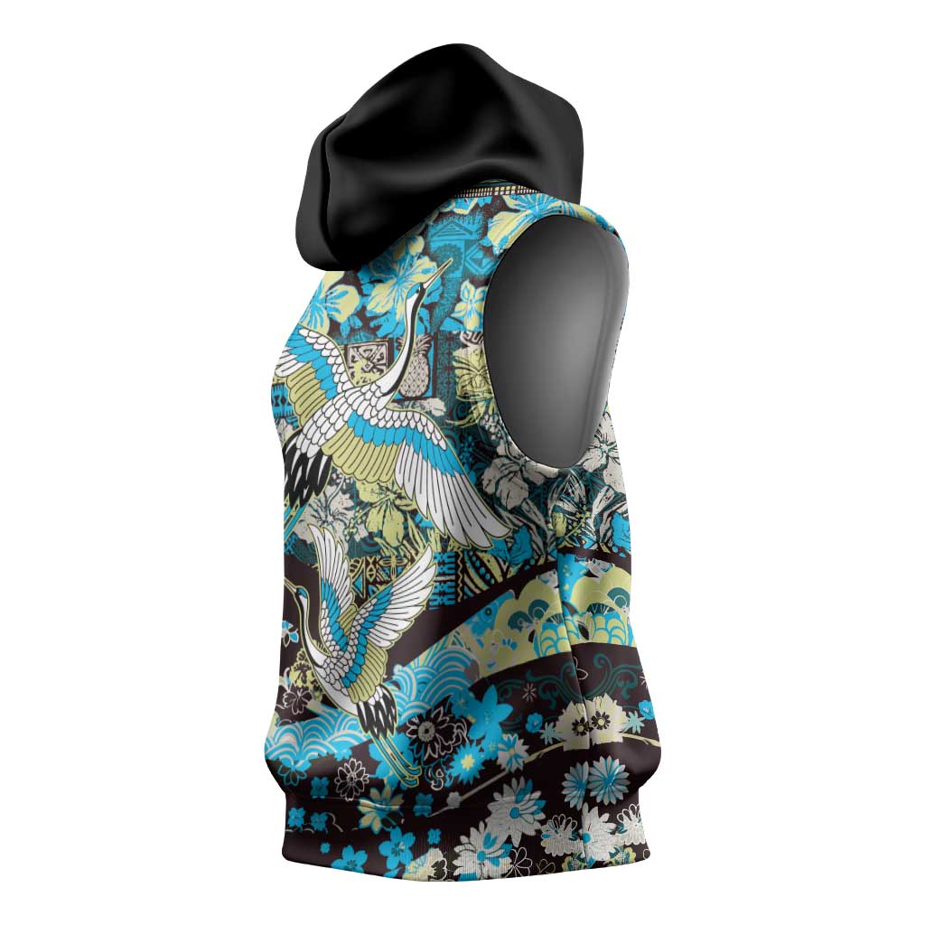 Japanese Hawaiian Crane Sleeveless Hoodie Blue Tapa Patchwork Pattern