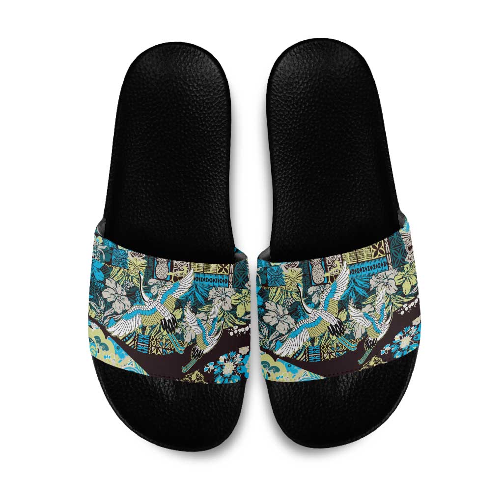 Japanese Hawaiian Crane Slide Sandals Blue Tapa Patchwork Pattern