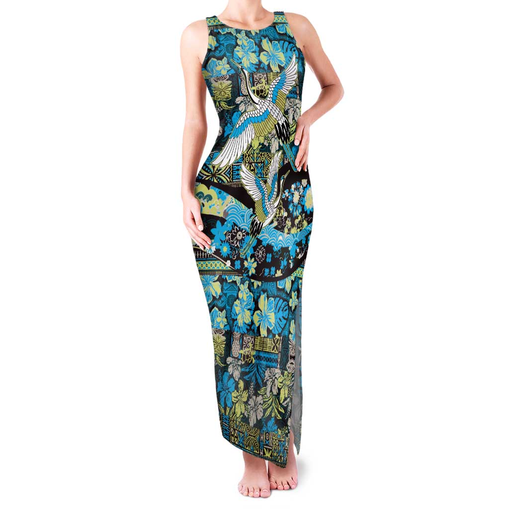 Japanese Hawaiian Crane Tank Maxi Dress Blue Tapa Patchwork Pattern LT9 Women Blue - Polynesian Pride