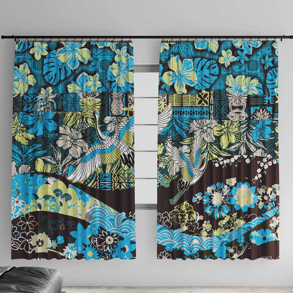 Japanese Hawaiian Crane Window Curtain Blue Tapa Patchwork Pattern