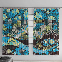 Japanese Hawaiian Crane Window Curtain Blue Tapa Patchwork Pattern