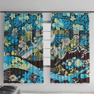Japanese Hawaiian Crane Window Curtain Blue Tapa Patchwork Pattern LT9 - With Hooks / 107cm x 213cm / Blue