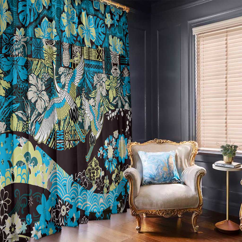 Japanese Hawaiian Crane Window Curtain Blue Tapa Patchwork Pattern