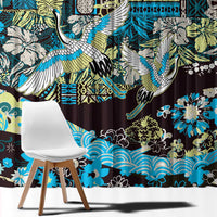 Japanese Hawaiian Crane Window Curtain Blue Tapa Patchwork Pattern