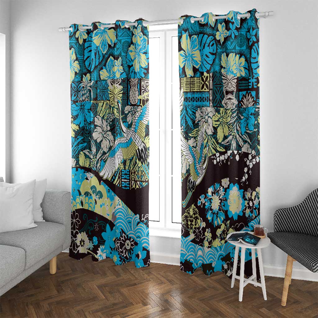 Japanese Hawaiian Crane Window Curtain Blue Tapa Patchwork Pattern