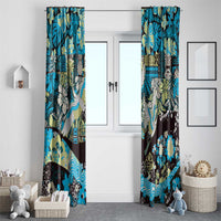 Japanese Hawaiian Crane Window Curtain Blue Tapa Patchwork Pattern