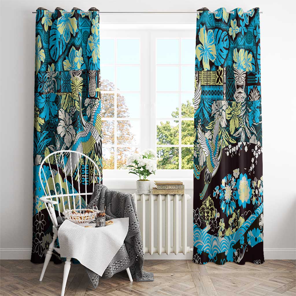 Japanese Hawaiian Crane Window Curtain Blue Tapa Patchwork Pattern