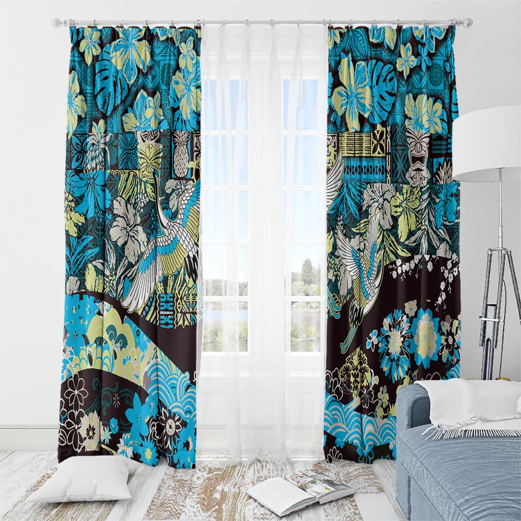 Japanese Hawaiian Crane Window Curtain Blue Tapa Patchwork Pattern