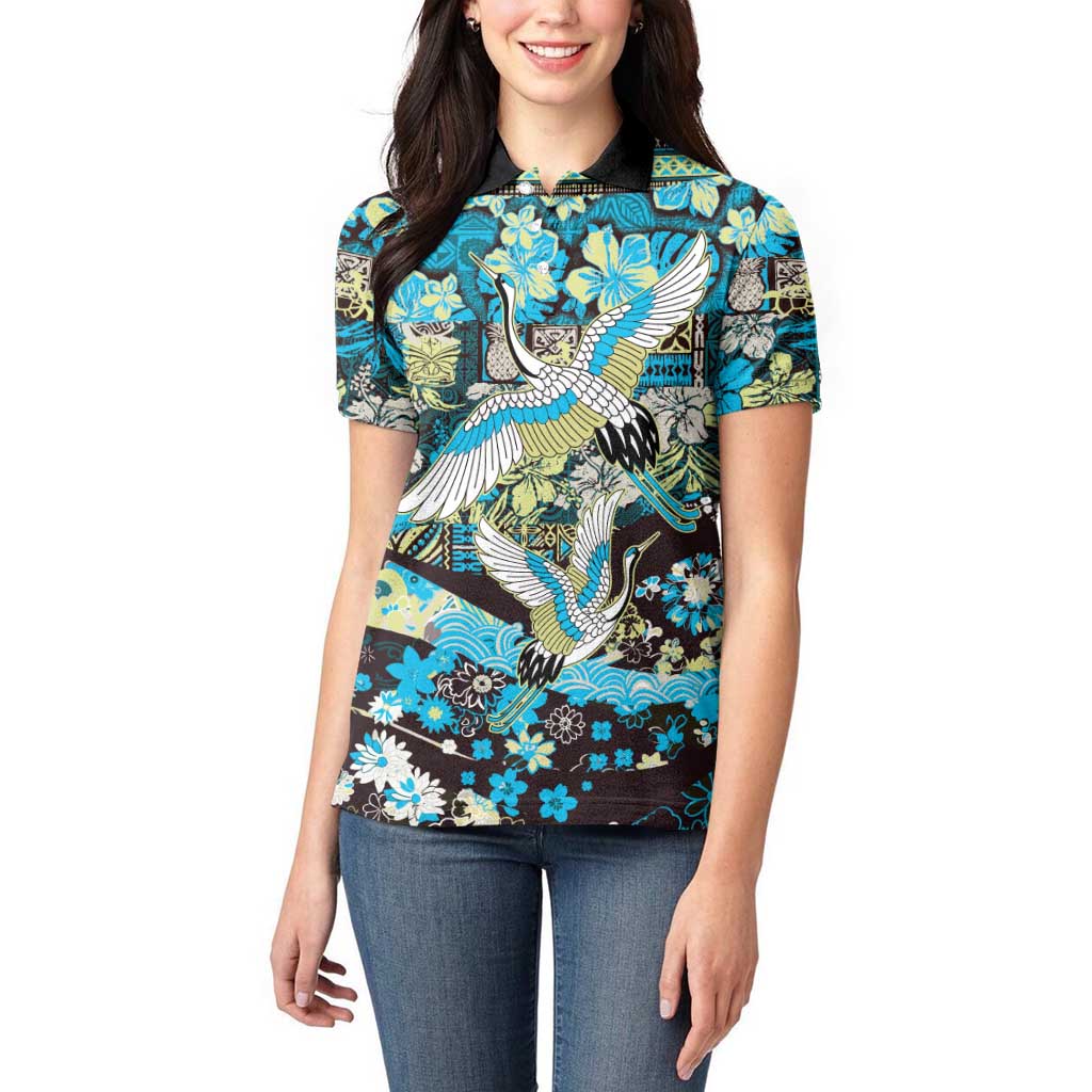 Japanese Hawaiian Crane Women Polo Shirt Blue Tapa Patchwork Pattern LT9 - Polynesian Pride