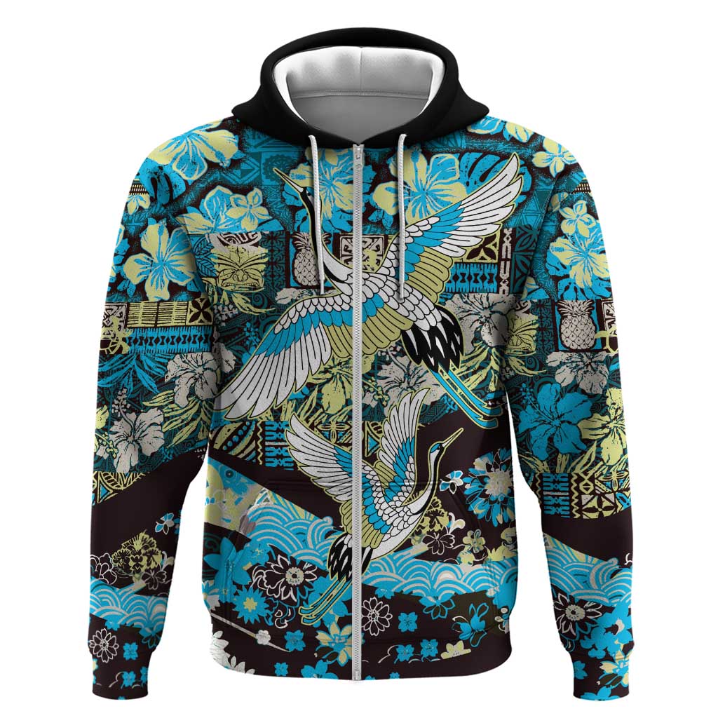Japanese Hawaiian Crane Zip Hoodie Blue Tapa Patchwork Pattern
