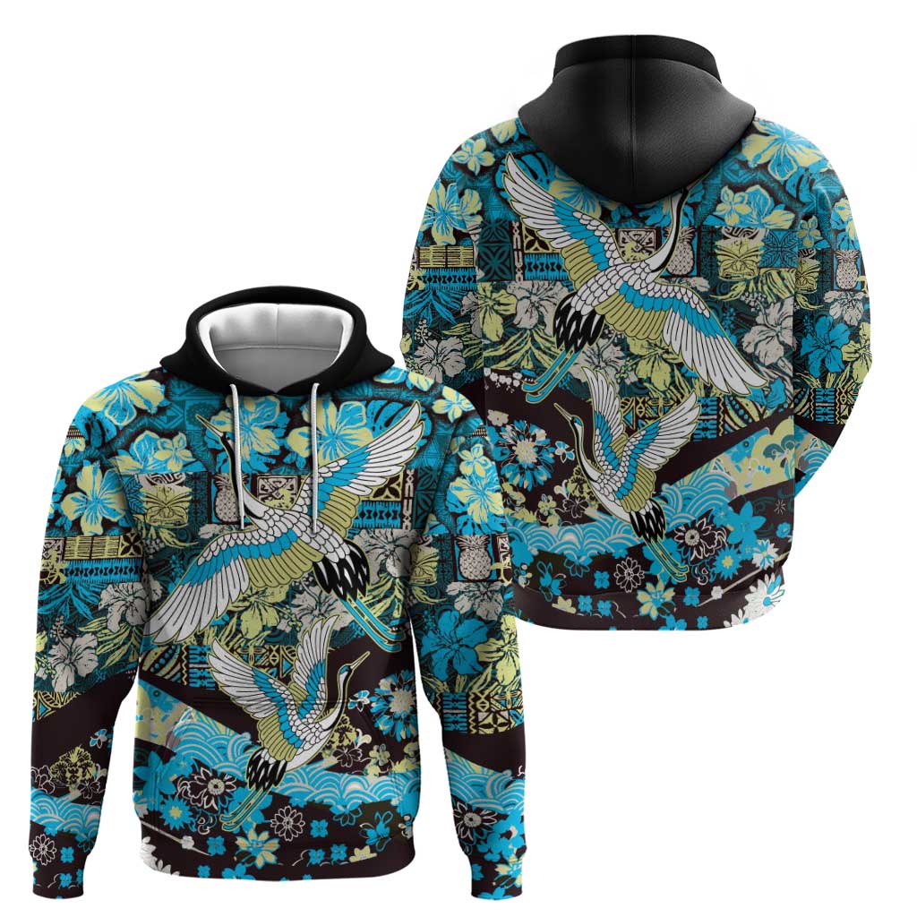 Japanese Hawaiian Crane Zip Hoodie Blue Tapa Patchwork Pattern LT9 - Polynesian Pride