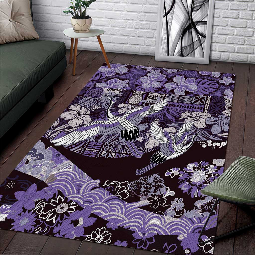 Japanese Hawaiian Crane Area Rug Purple Tapa Patchwork Pattern LT9 Purple - Polynesian Pride