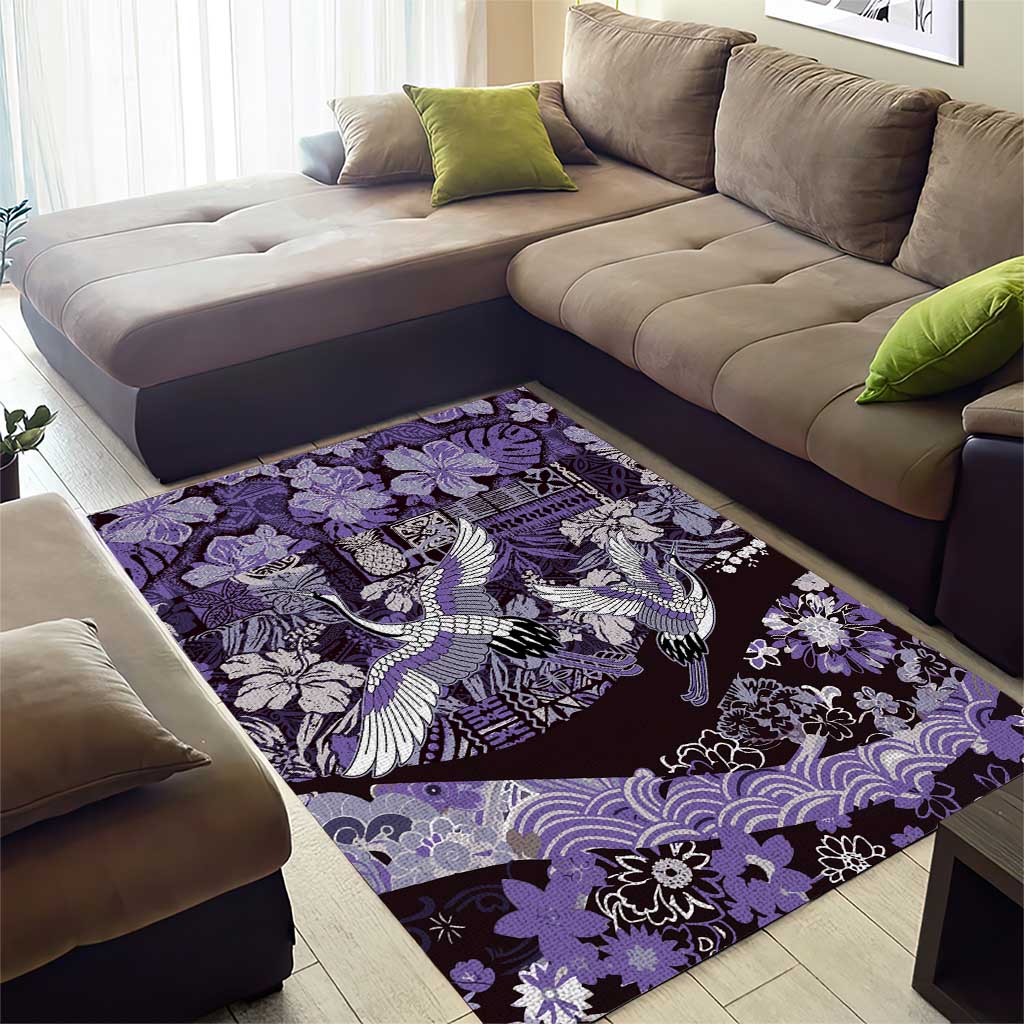 Japanese Hawaiian Crane Area Rug Purple Tapa Patchwork Pattern LT9 - Polynesian Pride