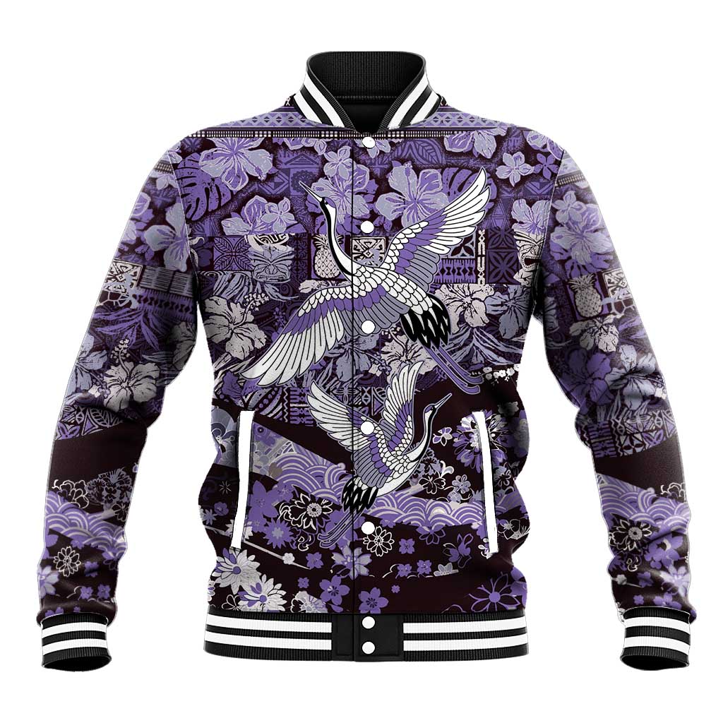 Japanese Hawaiian Crane Baseball Jacket Purple Tapa Patchwork Pattern