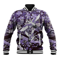 Japanese Hawaiian Crane Baseball Jacket Purple Tapa Patchwork Pattern