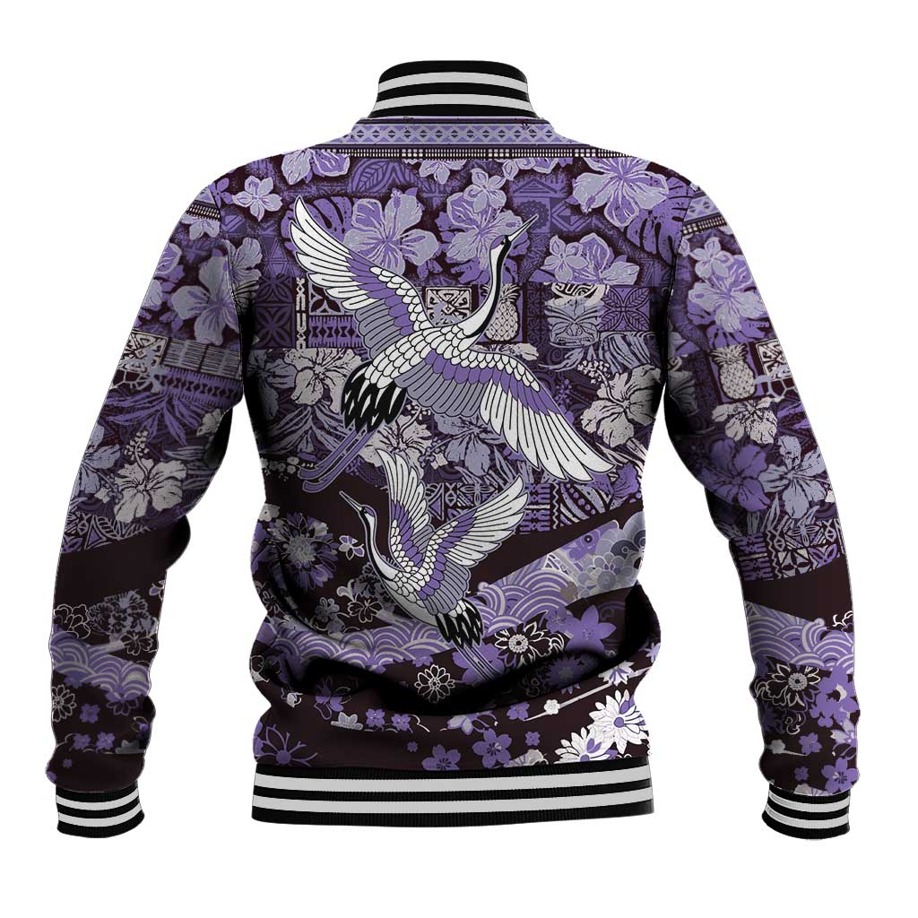 Japanese Hawaiian Crane Baseball Jacket Purple Tapa Patchwork Pattern