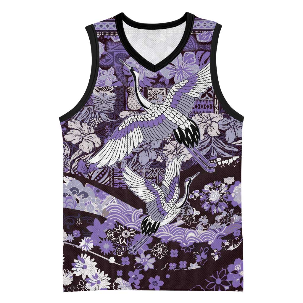 Japanese Hawaiian Crane Basketball Jersey Purple Tapa Patchwork Pattern LT9 Unisex Purple - Polynesian Pride