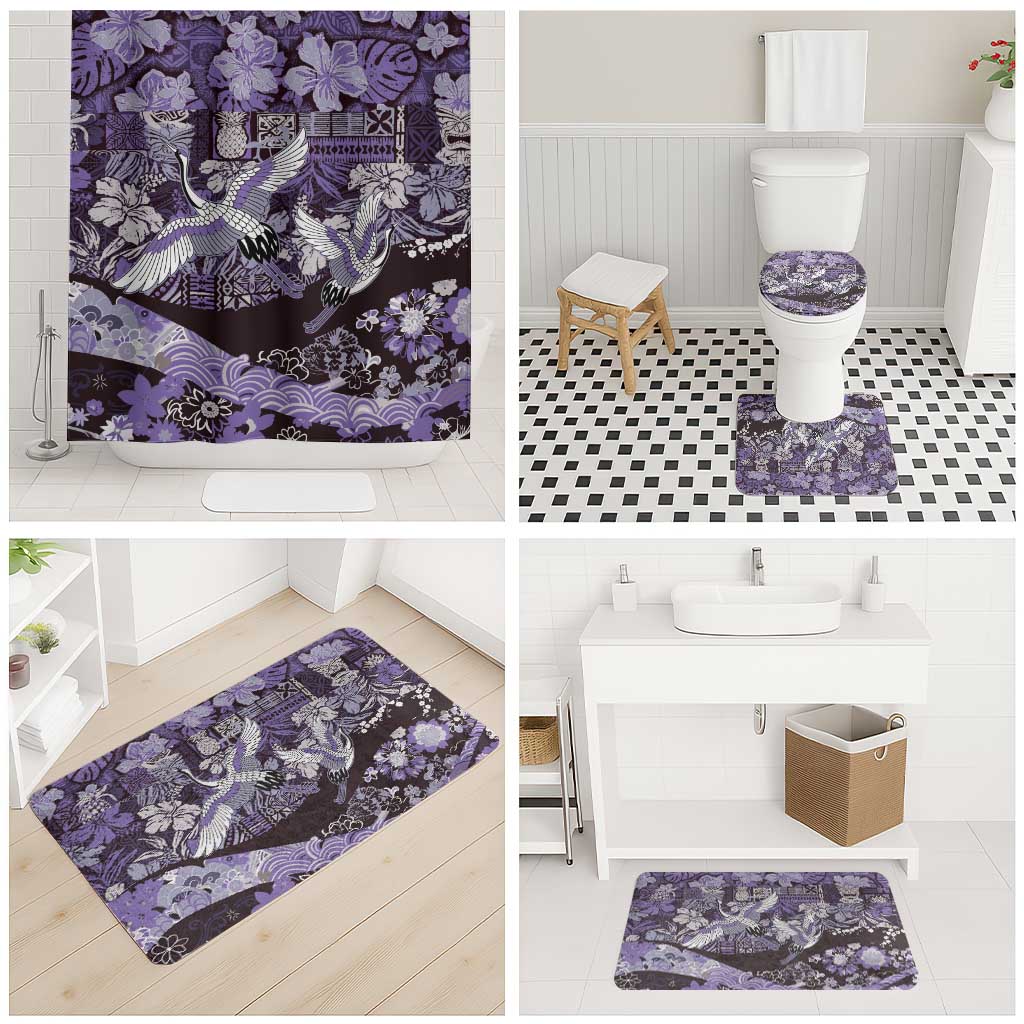 Japanese Hawaiian Crane Bathroom Set Purple Tapa Patchwork Pattern