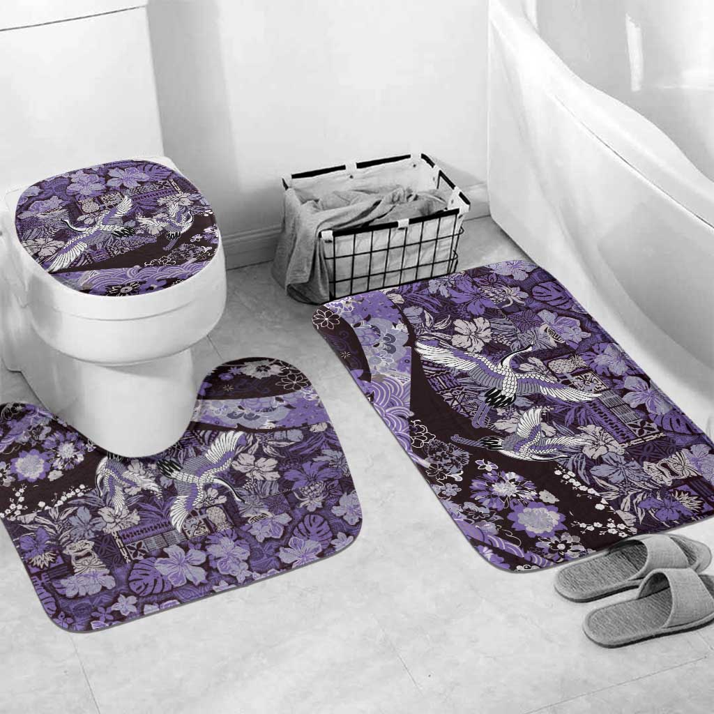 Japanese Hawaiian Crane Bathroom Set Purple Tapa Patchwork Pattern