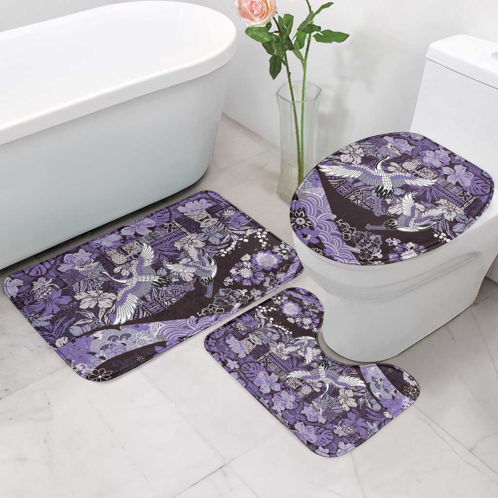 Japanese Hawaiian Crane Bathroom Set Purple Tapa Patchwork Pattern