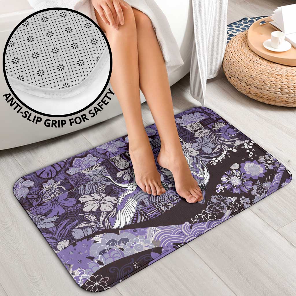 Japanese Hawaiian Crane Bathroom Set Purple Tapa Patchwork Pattern