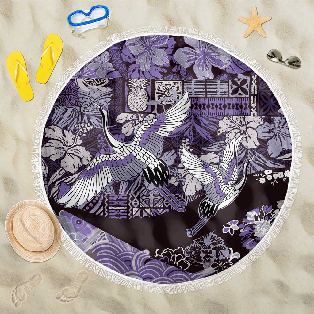 Japanese Hawaiian Crane Beach Blanket Purple Tapa Patchwork Pattern