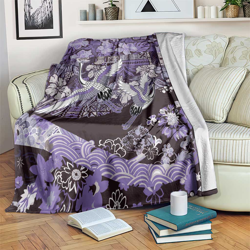 Japanese Hawaiian Crane Blanket Purple Tapa Patchwork Pattern