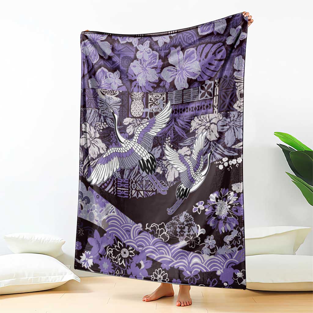 Japanese Hawaiian Crane Blanket Purple Tapa Patchwork Pattern
