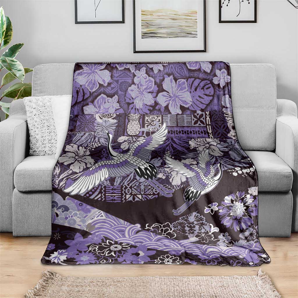 Japanese Hawaiian Crane Blanket Purple Tapa Patchwork Pattern