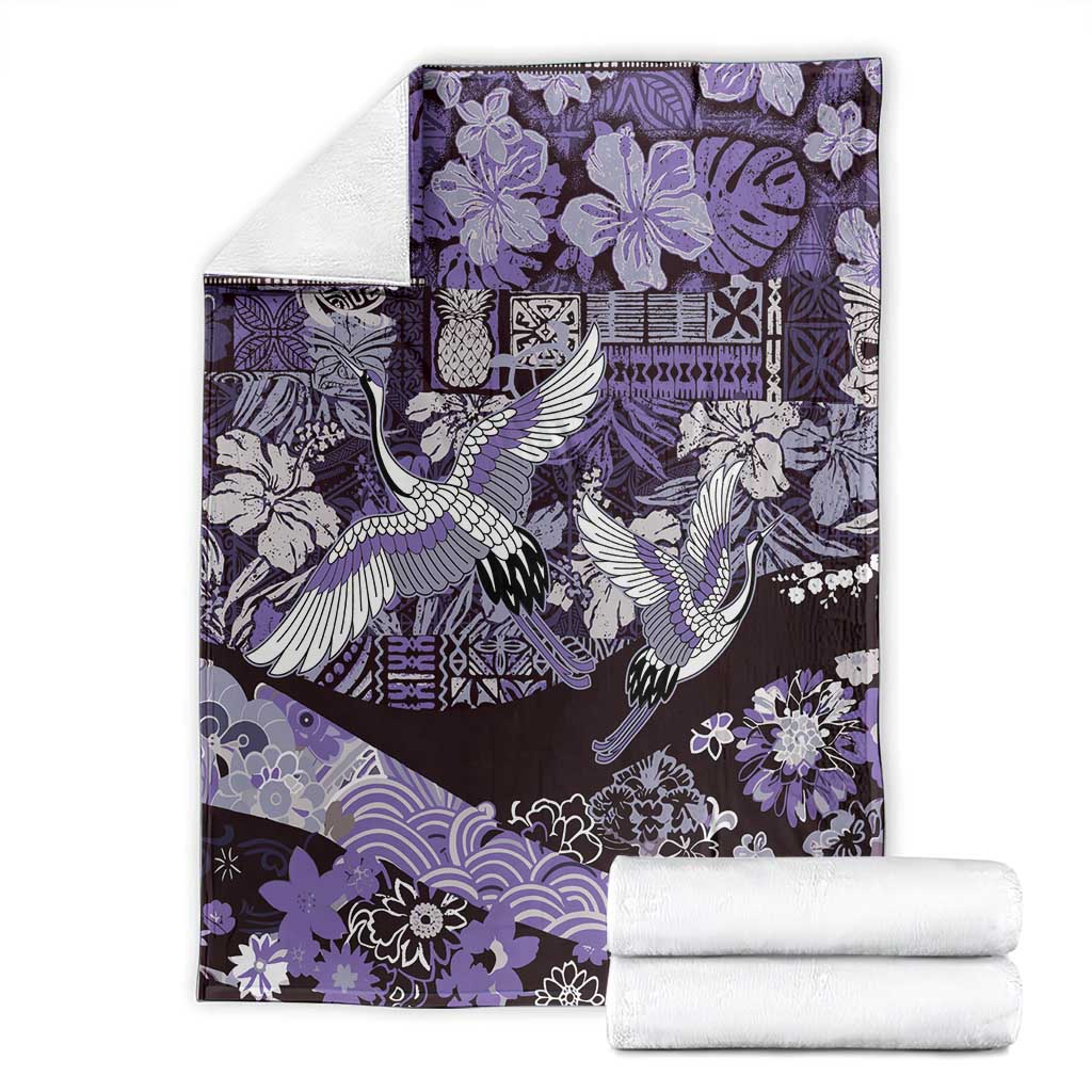 Japanese Hawaiian Crane Blanket Purple Tapa Patchwork Pattern